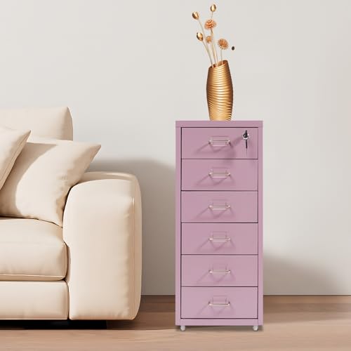 6 Drawers File Cabinet with Lock Rolling Mobile Filing Cabinet with Wheels Under Desk Vertical Filing Cabinet for Office/Home Metal (Purple) - color: Purple