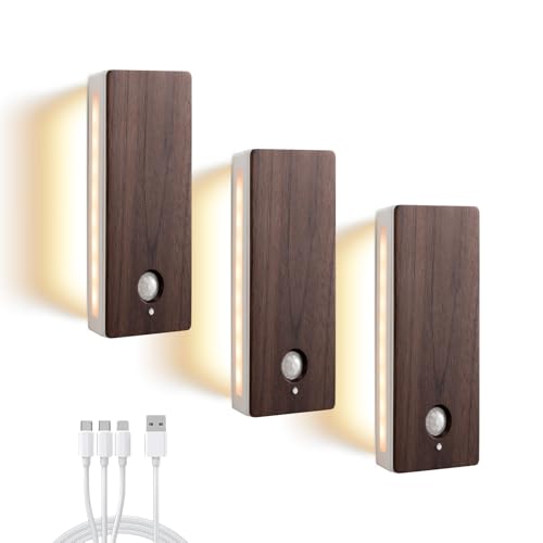 Motion Sensor Night Light Indoor, Rechargeable Wood Sensor Stair Lights, Magnetic Stick-on Light, Soft Two-Sided Glow, Adjustable Brightness for Bedroom, Hallway - color: Brown, size: 3 Pack