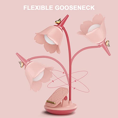 Pink Desk Lamp with Clamp, Rechargeable LED Small Lamp, Adjustable Gooseneck, Dimmable Cute for Kids Girls Bedroom Dorm Office