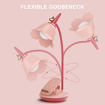 Pink Desk Lamp with Clamp, Rechargeable LED Small Lamp, Adjustable Gooseneck, Dimmable Cute for Kids Girls Bedroom Dorm Office
