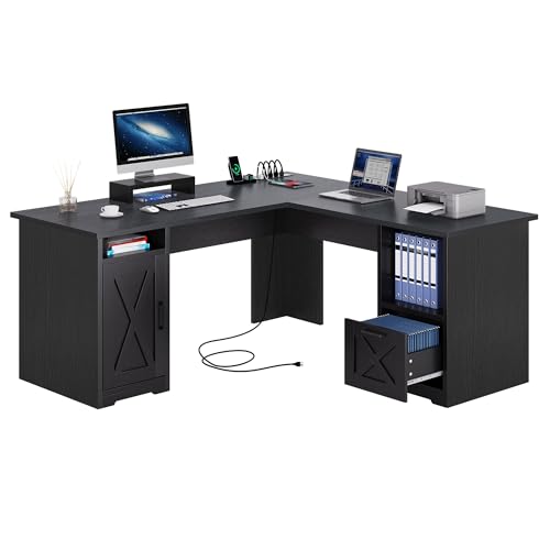 YITAHOME L Shaped Desk with Power Outlets - color: Black