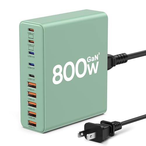 800W USB C Charger Block,10-Port Charging Station | Aexhend GaN Fast Charging Type C & USB A Wall Charger Adapter for MacBook Pro/Air,iPhone,iPad,Dell XPS,Samsung Galaxy(Orange) - color: Green