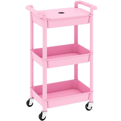 MIOCASA Utility Rolling Cart with Cover Top Board, 3-Tier Kitchen Storage Organization, Art Cart with Wheels for Office, Classroom, Livingroom, Kitchen, Bathroom, Pink, Plastic - size: 3-Tier, style: Pink
