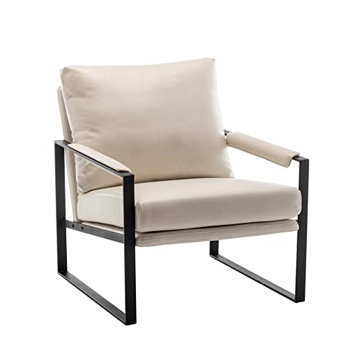 Modern Faux Leather Accent Chair, Upholstered Armchair with Metal Frame, Thick Seat Cushion and Oversized Back Pillow, Easy-Clean Lounge Chair for Living Room, Bedroom, Office and Reception - color: Beige