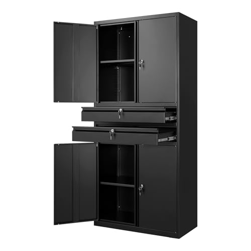 Metal Garage Storage Cabinet with Locking Doors and Adjustable Shelves, 71" Tool Storage Cabinet with 2 Drawer for Garage,Warehouse - color: Black, size: 4 Door - 2 Drawer - 71"H