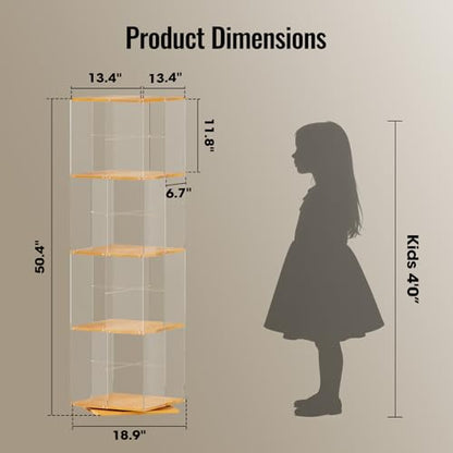 TAKEKIT Rotating Bookshelf, 360 Degree Revolving Bookcase, 4-Tier Spinning Bookshelf, Clear Acrylic & Solid Wood Rotating Bookcase for Kid’s Playroom, Bedroom and Living Room, Square - color: Natural Square, size: 4-Tier