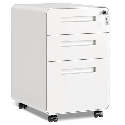 DEVAISE 3 Drawer File Cabinet with Lock, Fully Assembled Filing Cabinet | Mobile Metal File Cabinet Under Desk for Home Office, Printer Stand fits Letter/Legal Size, White - color: White, size: Rounded Corner 20" D x 16" W x 25" H