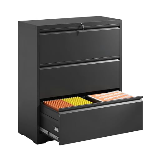 3 Drawer File Cabinet with Lock, Metal Lateral Filing Cabinets - color: Black, size: 3 Drawer_ 35"W