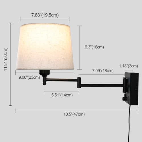 Swing Arm Wall Sconce with Linen Fabric Shade, USB-A & USB-C Charging Ports, Built-in AC Outlet & Rotary Dimmer, Plug-in Adjustable Reading Wall Lamp for Bedside Bedroom Hotel