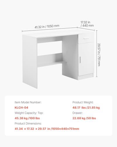 VEVOR Small Desk with Drawer, Kids Desk for Bedroom, Wooden Simple Study Table for Drawing, Reading, Writing, Rectangle MDF Study Storage Table with Adjustable Shelf for Home, Office, White - size: 41.34"D x 17.32"W x 29.57"H
