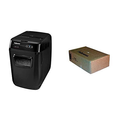 Fellowes 150-Sheet Cross-Cut Auto Feed Shredder, Black, AutoMax 150C; 9-Gallon Waste Bags, 100 Bags, 36053