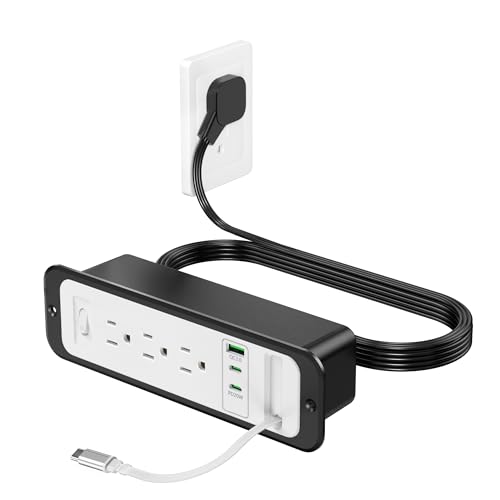 Recessed Power Strip with Retractable USB C Cable,2 PD 20W USB C,Flush Mount Countertop Drawer Outlet, Furniture Hidden Outlet for Side Table,End Table,3 Outlets (White and Black, 6FT-20W) - color: White and black, size: 6FT-20W USB