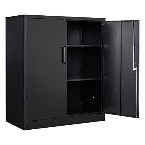 Metal Storage Cabinet Locked Steel Cabinet with 2 Adjustable Shelves,Office Cabinet Locking Tool Cabinets,Kitchen Storage Cabinets Metal Locker Small Counter Height Storage Cupboard 36" H - color: Black, size: 36"H -2 Door
