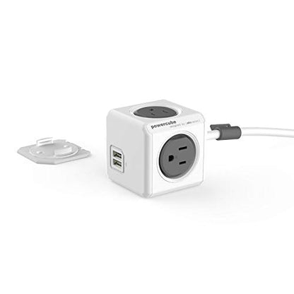 Power Strip Allocacoc PowerCube Extended 4 Outlets 2 USB 10ft 14AWG Cable, 15A 125V 1875W Max Extenion Surge Protector, Mounting Dock, No Blockage Phone Laptop Travel Dorm Home Office Space Saving ETL
