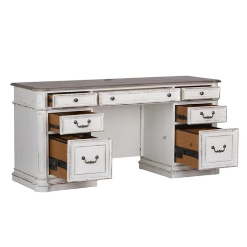 Ashford & Sons Wooden Credenza Desk, White and Weathered Brown Finish, Poplar and Rubberwood, 2 Locking File Drawers, USB Ports and Keyboard Tray, Antique Pewter Hardware, Office Desk with Wire - size: Credenza Desk