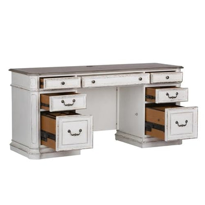 Ashford & Sons Wooden Credenza Desk, White and Weathered Brown Finish, Poplar and Rubberwood, 2 Locking File Drawers, USB Ports and Keyboard Tray, Antique Pewter Hardware, Office Desk with Wire - size: Credenza Desk