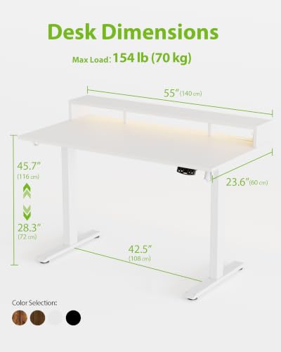 Agilestic 55 * 24 Inch Electric Standing Desk with Shelf & Led, White - color: Led-white, size: 55 x 24 Inches with led and power strips