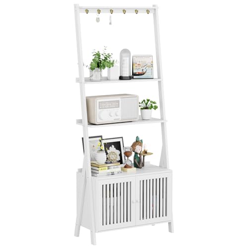 Ladder Shelf with Drawers, Bookshelf 4-Tier Bamboo Bookcase with 6 Hooks - color: 4-tier White