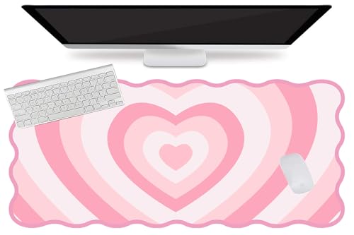 L-SPOUTTO Pink Mouse Pad,Cute Desk Mat XXL Large Scalloped Gaming Mousepad,35.4x15.7in Non-Slip Rubber Base Keyboard Pad Waterproof Desktop Mat for Laptop Computer Work Game Home Office-Pink Heart - color: Pink Heart