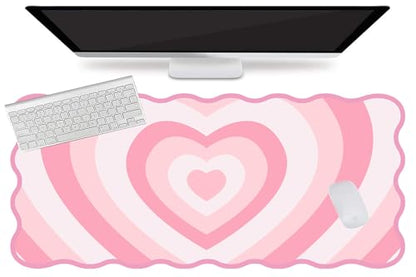 L-SPOUTTO Pink Mouse Pad,Cute Desk Mat XXL Large Scalloped Gaming Mousepad,35.4x15.7in Non-Slip Rubber Base Keyboard Pad Waterproof Desktop Mat for Laptop Computer Work Game Home Office-Pink Heart - color: Pink Heart