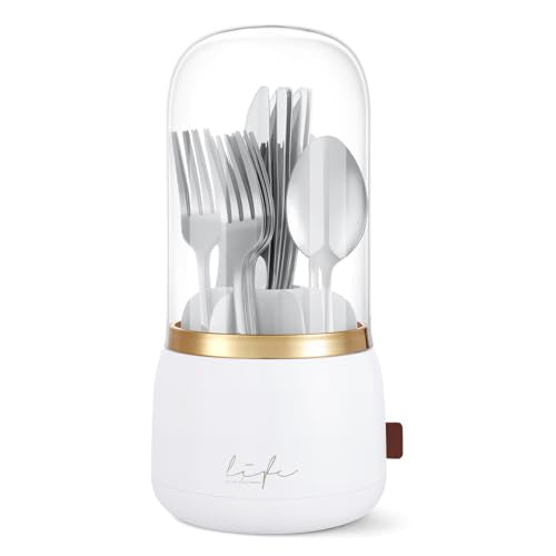 EXIN DECHEN Silverware Organizer with Lid,Cutlery Holder,White with Gold | Waterproof and Dustproof,360°Rotating,Store Knives Forks Spoons Chopsticks for Kitchen Counter,Table,Party,Outdoor Camping,Rv - color: White