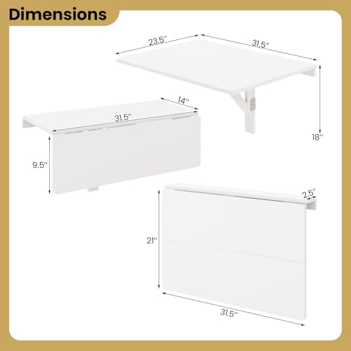 GIANTEX Wall-Mounted Folding Desk, Wooden Floating Laptop Table with Drop Leaf Design, Space-Saving Foldable Wall Desk for Study, Bedroom, Living Room, Laundry (White) - color: White