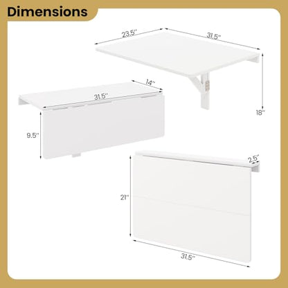 GIANTEX Wall-Mounted Folding Desk, Wooden Floating Laptop Table with Drop Leaf Design, Space-Saving Foldable Wall Desk for Study, Bedroom, Living Room, Laundry (White) - color: White