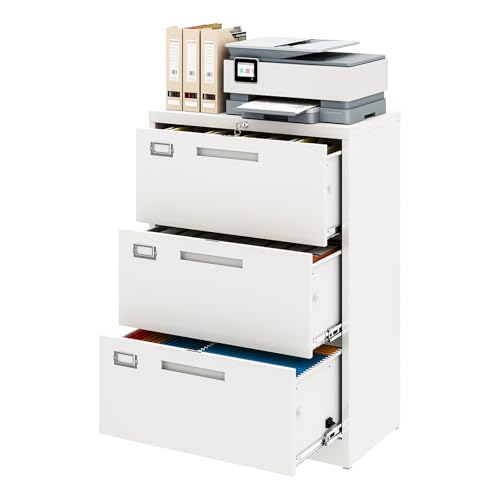 Metal Lateral 3 Drawer File Cabinet, Wide Filing Cabinet with Lock for Home Office Organization Hanging Files Letter/Legal/F4/A4 Size (White, Assembly Required) - color: White, size: 39.84"H x 28.35"W x 15.75"D