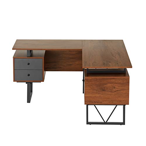 Techni Mobili Reversible L-Shaped Computer Desk with File Cabinet, Brown
