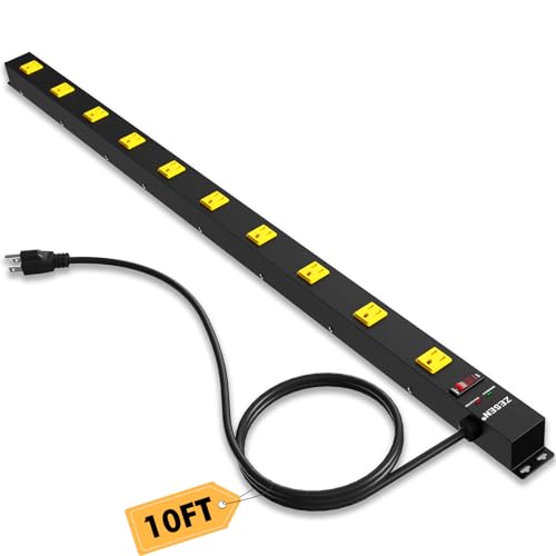 10 Outlet Long Power Strip Wide Spaced Metal Power Strip with 10FT Cord | Heavy Duty Industrial Power Strip for Work Bench Garage Shop, Overload 2100J Protection Switch, ETL Listed (15A/1875W) Black - size: 10FT