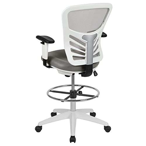 Flash Furniture Tyler Mid-Back Light Gray Mesh Ergonomic Drafting Chair with Adjustable Chrome Foot Ring, Adjustable Arms and White Frame - color: Light Gray Mesh/White Frame