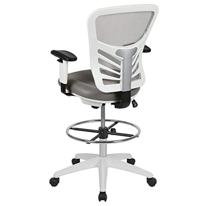 Flash Furniture Tyler Mid-Back Light Gray Mesh Ergonomic Drafting Chair with Adjustable Chrome Foot Ring, Adjustable Arms and White Frame - color: Light Gray Mesh/White Frame