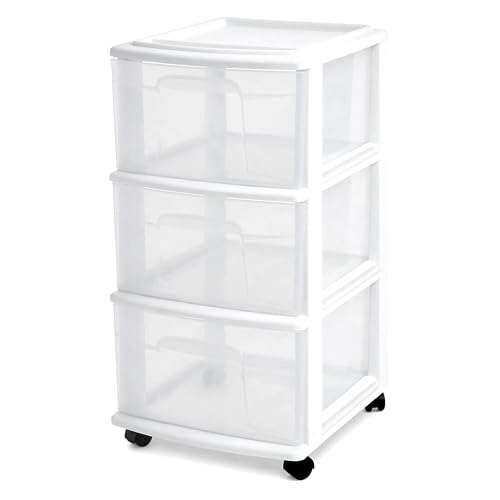 HOMZ Drawer Tower, 3-Tier Storage Cart with Removable Wheels, White Frame - color: White, size: 1 Pack