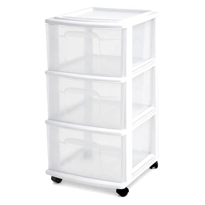 HOMZ Drawer Tower, 3-Tier Storage Cart with Removable Wheels, White Frame - color: White, size: 1 Pack