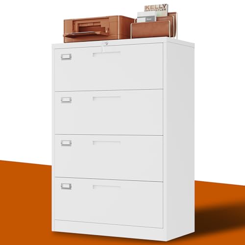 BYNSOE 4 Drawer File Cabinet with Lock Metal Lateral File Storage Cabinet Office Home Steel Lateral File Cabinet for A4 Legal/Letter Size Wide File Cabinet Locked,Assembly Required (4 Drawer, White) - color: White, size: 4 Drawers