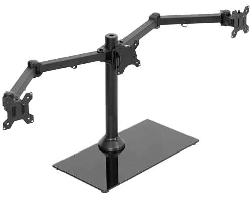 VIVO Black Triple Monitor Mount Freestanding Desk Stand with Glass Base, Heavy Duty Fully Adjustable Stand for 3 Screens up to 24 inches STAND-V003FG - size: 13" to 24" Screens