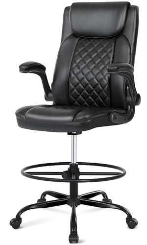 Misolant Drafting Chair with Footrest Ring, Tall Office Chair for Standing Desk, PU Faux Leather Bar Counter Height Chairs with Adjustable Height, 360° Swivel Wheels for Garage Office, Black - color: Black