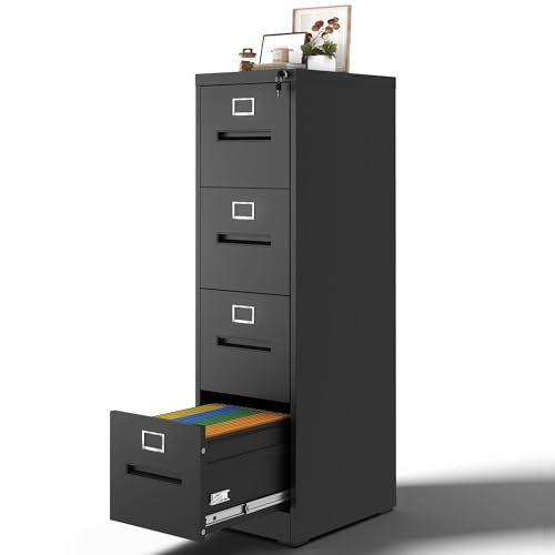 4 Drawer Vertical File Cabinet for Home Office, Metal Filing Cabinet with Lock for Legal/Letter Size Hanging File Folders, Anti-Tipping, Assembly Required (Black)