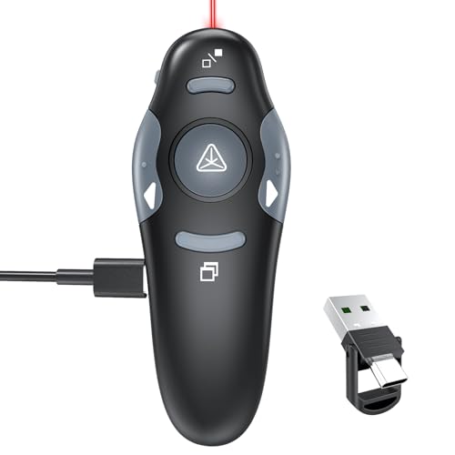 Presentation Clicker for PowerPoint, Rechargeable with 2-in-1 USB-A & USB-C | 2-in-1 USB-A & USB-C Receiver, Plug & Play, 50FT Range, Page Up/Down, Full/Black Screen, Mac & Windows Compatible - style: Red Light-Rechargeable