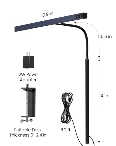 SUPERDANNY LED Desk Lamp for Office Home, Eye-Caring Desk Light with Adjustable Gooseneck, 12W Touch Control Dimmable Brightness, Architect Clamp Lamp with USB Adapter, Grey | Grey, Touch Control Dimmable Brightness, 3000K-6000K, 360° Adjustable Gooseneck