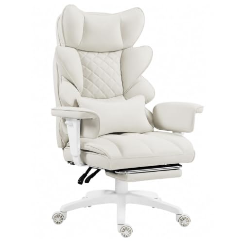Dowinx Big and Tall Office Chair with Pocket Spring Cushion,High Back Computer Gaming Chairs with Adjustable Armrests,Executive Desk Chairs with Lumbar Support and Footrest,PU -White - color: White