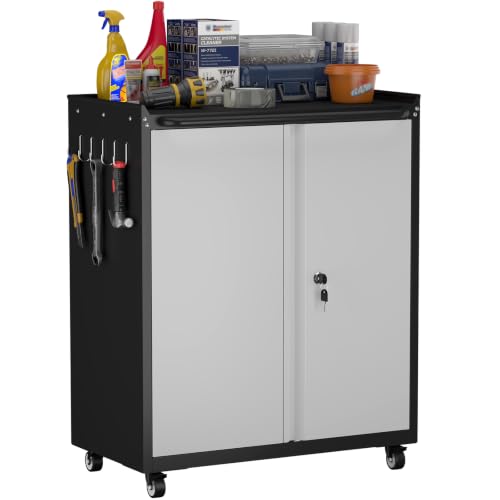 GREATMEET Garage Storage Cabinet with Wheels, Lockable Metal Storage Cabinet, Rolling Tool Cabinet with Adjustable Shelf, Push Handle for Shop, Home, Office, Black/Grey - color: Grey, size: 32"H Wheels