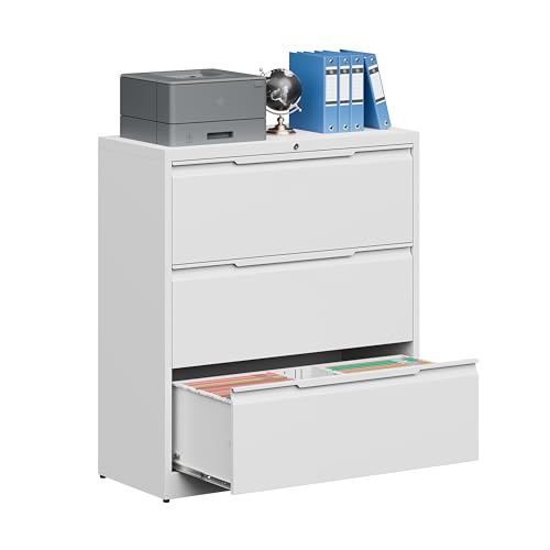 Filing Cabinet with Lock,Lateral File Cabinets 3 Drawer Metal Wide Filing Organization,Home Office School Furniture for Hanging Files Letter/Legal/F4/A4 Size - White - color: White, size: 3 Drawer-Lateral-36"W