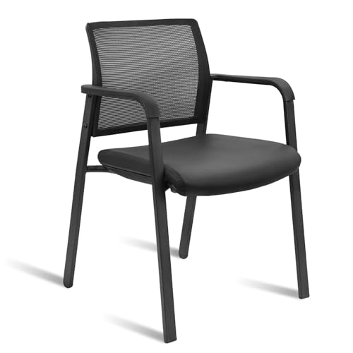 CLATINA Mesh Back Guest Reception Stacking Chair, Waiting Room Stackable Chairs with Upholstered Leather Seat & Ergonomic Lumbar Support for Office Conference School Study Lobby Stationary, Black - color: Black_leather, size: 1pack
