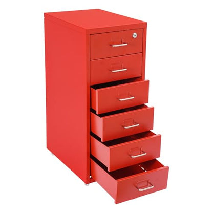 6 Drawers File Cabinet with Lock Rolling Mobile Filing Cabinet with Wheels Under Desk Vertical Filing Cabinet for Office/Home Metal (Red) - color: Red