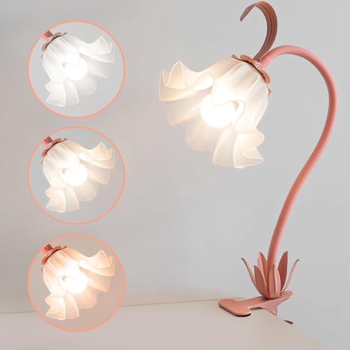 WERFOP Flower Lamp Clip on Light, 3 Color Modes Eye-Caring Desk Lamp with Clamp, Dorm Room Essentials, Flexible Neck Reading Clamp Lamps for College Bedside Bookshelf Studying Room (Pink) - color: Pink
