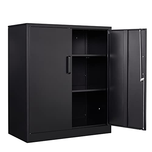 Metal Garage Storage Cabinet with 2 Doors and 2 Adjustable Shelves - 35.5" Steel Lockable File Counter Cabinet for Home Office,Garage,Gym,School（Black） - color: Black, size: 2 Door - 35.5"H