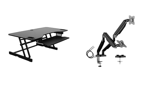 Rocelco 45" Height Adjustable Standing Desk Converter with Premium Dual Monitor Mount and Slide Out Retractable Keyboard Tray - Sit Stand Up Triple Screen Tabletop Riser - Black (R ADRB-45-MA2) - color: Black, size: 45", style: Riser+Premium Dual Mount