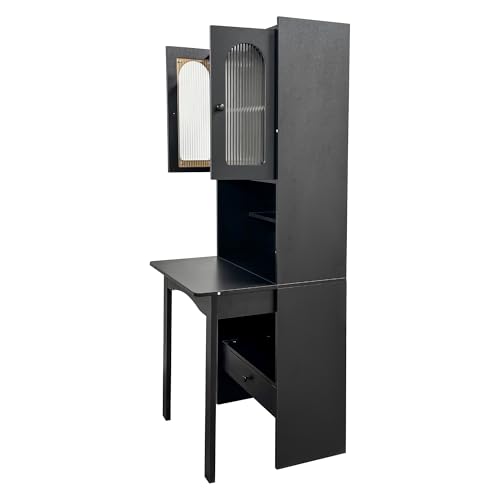 roomfitters Fold-Out Writing Table Secretary Desk with Fluted Glass Door Hutch Storage Cabinet Home Office, Black