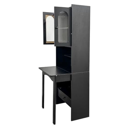 roomfitters Fold-Out Writing Table Secretary Desk with Fluted Glass Door Hutch Storage Cabinet Home Office, Black